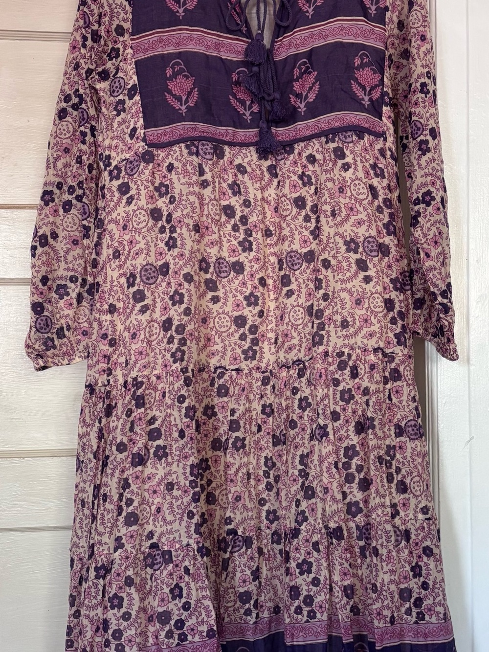 Blue Bohemw Boho Floral Peasant Midi Dress in Purple and Cream